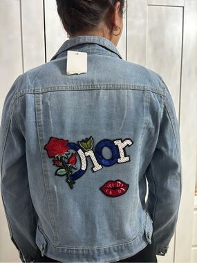 Designer inspired Light Blue Denim Jacket with patches. NWT D1or jean jacket